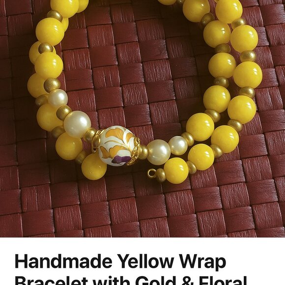 Yellow Beaded Wrap Bracelet with Gold Accents & Floral Focal Bead - Picture 3 of 3